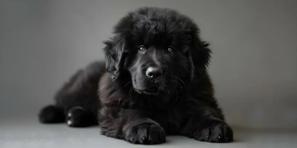 AKC-puppy-training | A black Newfoundland puppy with fluffy fur lies on a gray background, looking directly at the camera.