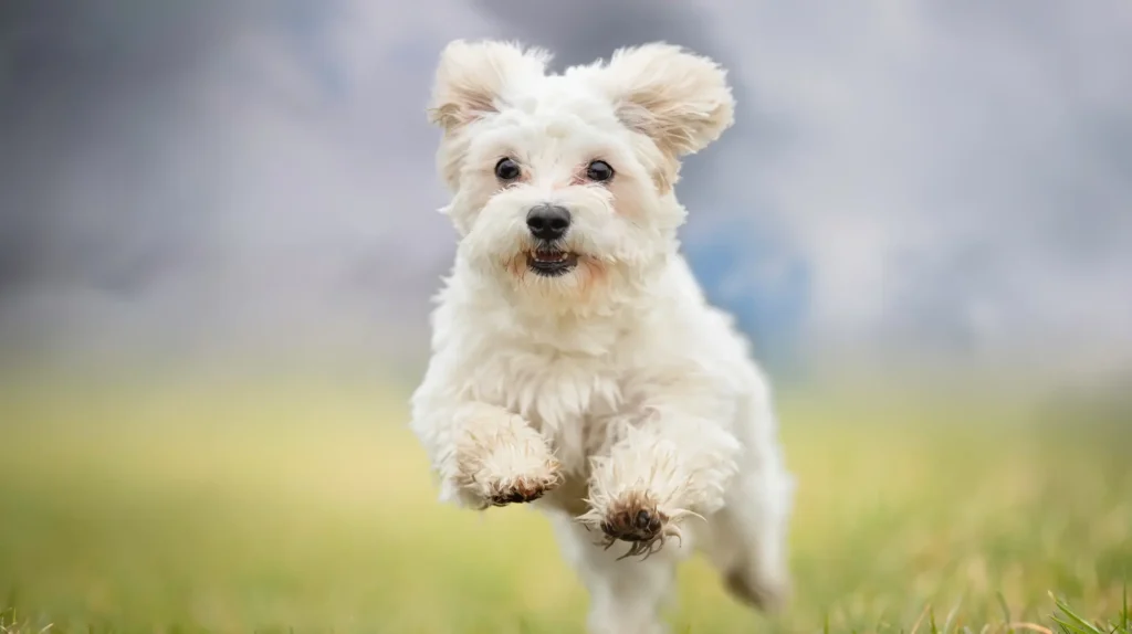 Basic advanced dog training olk9tn | A small, white, fluffy dog, possibly a Maltese or Havanese, runs happily through a grassy field with its ears flapping.