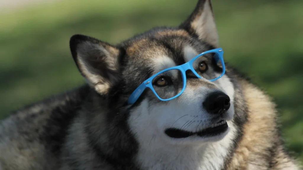Basic marker mastery dog training olk9tn | A husky-type dog wearing blue glasses looks up and to the side, representing a smart and well-trained dog from Off Leash K9 Training Middle Tennessee.