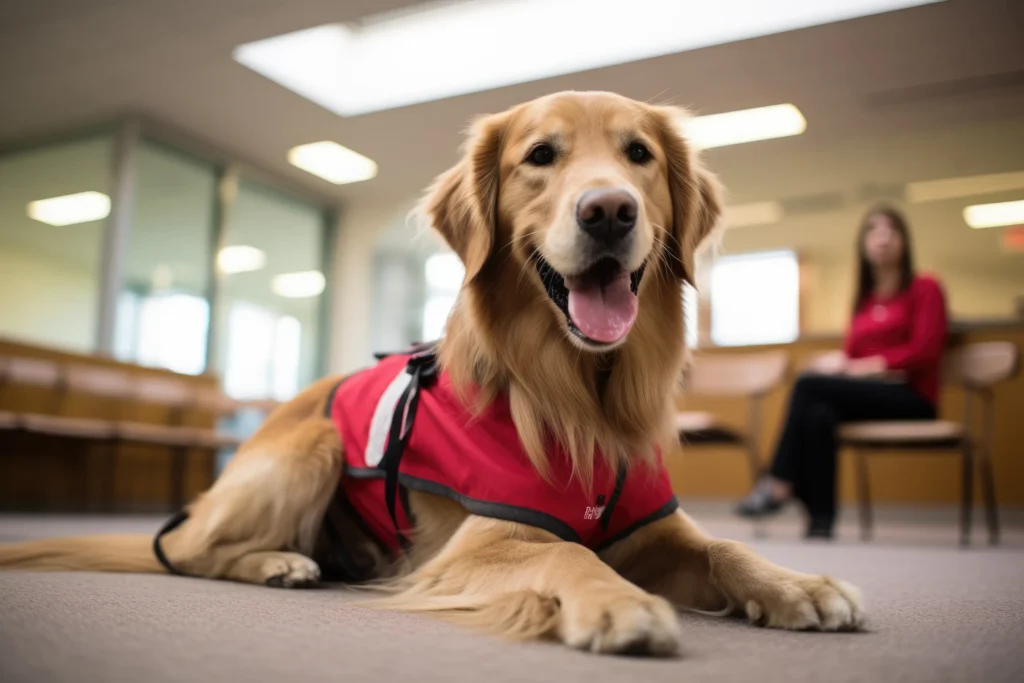 Basic obedience dog training olk9tn | A golden retriever service dog with a red vest lies on the floor in an office, with a person sitting in the background.