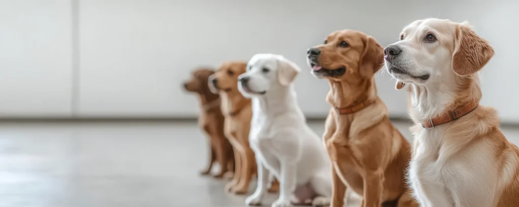 Puppy training olk9tn | A line of five dogs, including Golden Retrievers and Labradors, sitting and waiting patiently.