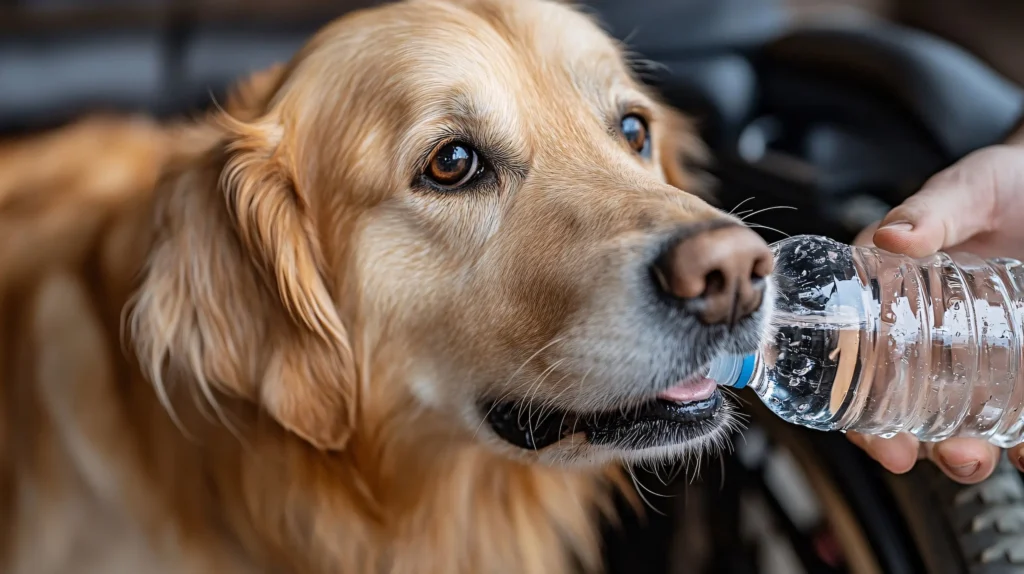 Two week dog board train olk9tn | A Golden Retriever dog is being hydrated with water from a plastic bottle held by a person's hand. The dog is looking directly at the camera, with its tongue slightly out.