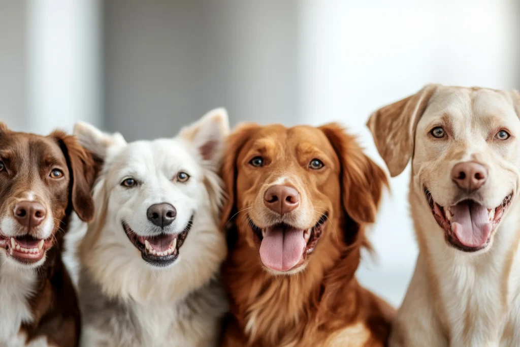 A group of four happy, well-behaved dogs of different breeds sitting side-by-side, looking at the camera.