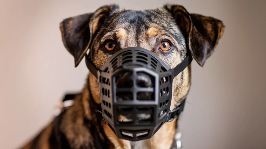 Aggression-anxiety-dog-training | A German Shepherd mix wearing a black basket muzzle looks directly at the camera. The muzzle is a training tool to prevent biting and is a part of professional dog training.