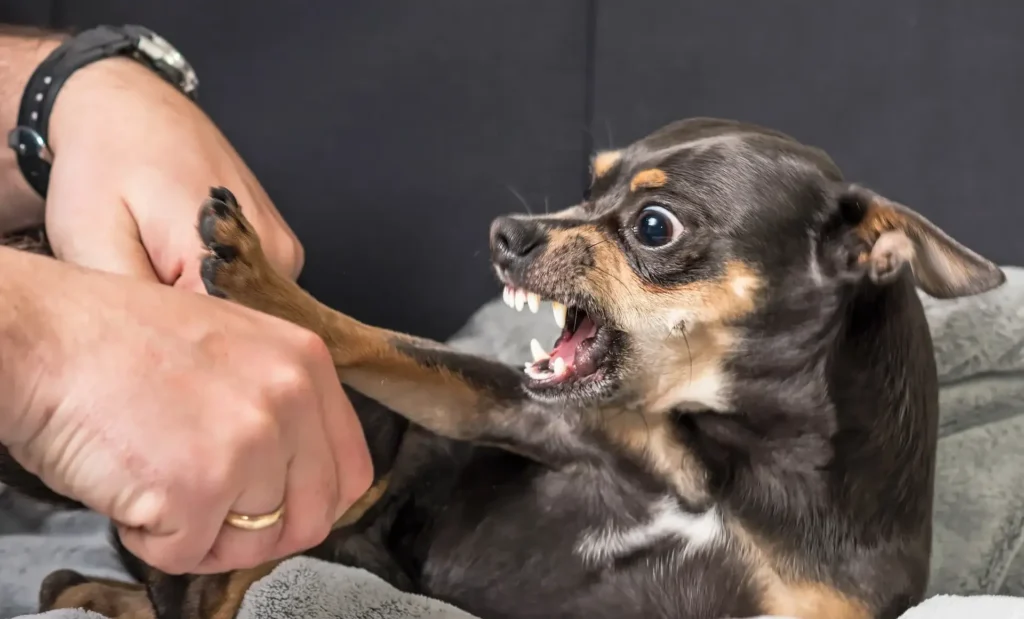 Aggressive dog board training dallas olk9tn | A small, aggressive dog, possibly a Chihuahua, snarls and bares its teeth while a person's hand holds its leg, illustrating canine aggression.